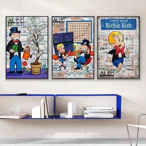 Alec Monopoly and Richie Rich Man Dollars Posters Prints Canvas Painting Cartoon Street Wall Art Pictures for Room Home Decoration Art Wall