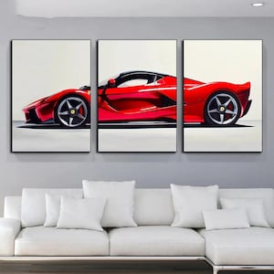 Red Supercar LaFerrari Triptych Canvas Wall Art – Modern 3 Panel Luxury Sports Car Poster for Living Room Garage or Office Decoration