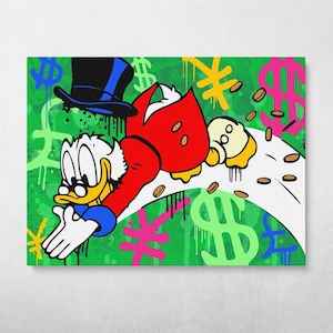Stampa su tela di Paperone e McDuck, Pop Art, Graffiti, Simbolo del dollaro, Tema denaro, Poster, Cartone animato colorato, Paperino ricco, Street art moderna.