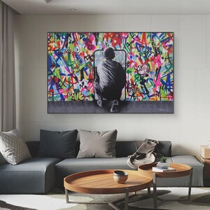 Graffiti Street Art Canvas Wall Print Bansky Colorful Abstract Urban Poster with Window Silhouette Modern Pop Art for Home or Office Decor