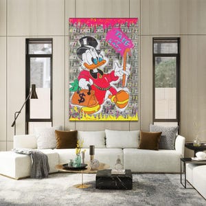 Graffiti Canvas Alec Monopoly Scrooge McDuck with Dollar Bag and “Take It Easy” Quote Wall Art Featuring Money for Office or Decor Home