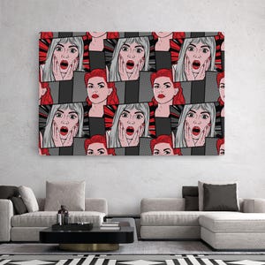 Pop Art Canvas Wall Art Featuring Shocked Woman Faces in Comic Book Style with Red Black and Grey Graphic Pattern for Modern Home Decor