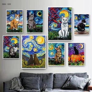 Die Katze Unter Van Goghs Sternenhimmel Leinwand Ölgemälde Drucke Poster Abstrakte Haustiere Tier Wandkunst Bild Wohnkultur