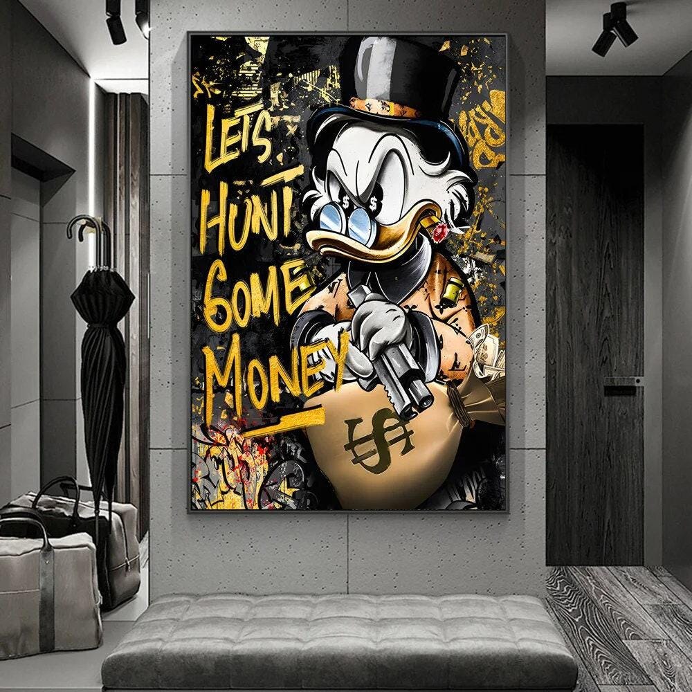 Donald Duck Hunt for Money Golden Graffiti Art Posters and Prints Disney Fashion Luxury Paintings on the Wall Art Pictures Decor