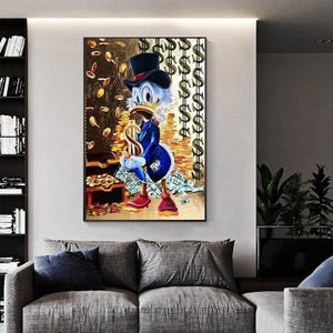 壁に描かれたモダンなドナルドダックとドルのグラフィティアートのポスターとプリントお金の抽象的な絵の室内装飾