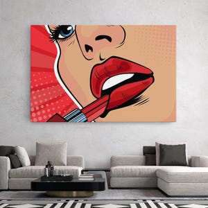 Pop Art Canvas Wall Art Featuring Close-Up of Red Lips Applying Lipstick in Bold Comic Style for Makeup Room or Fashion Wall Decor