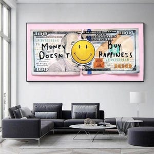 Modernes Geld kauft nicht Glück Kunst auf Leinwand mit Smile Face Graffiti – Modernes Pop Art Poster für Wohnzimmer oder Bürodekor