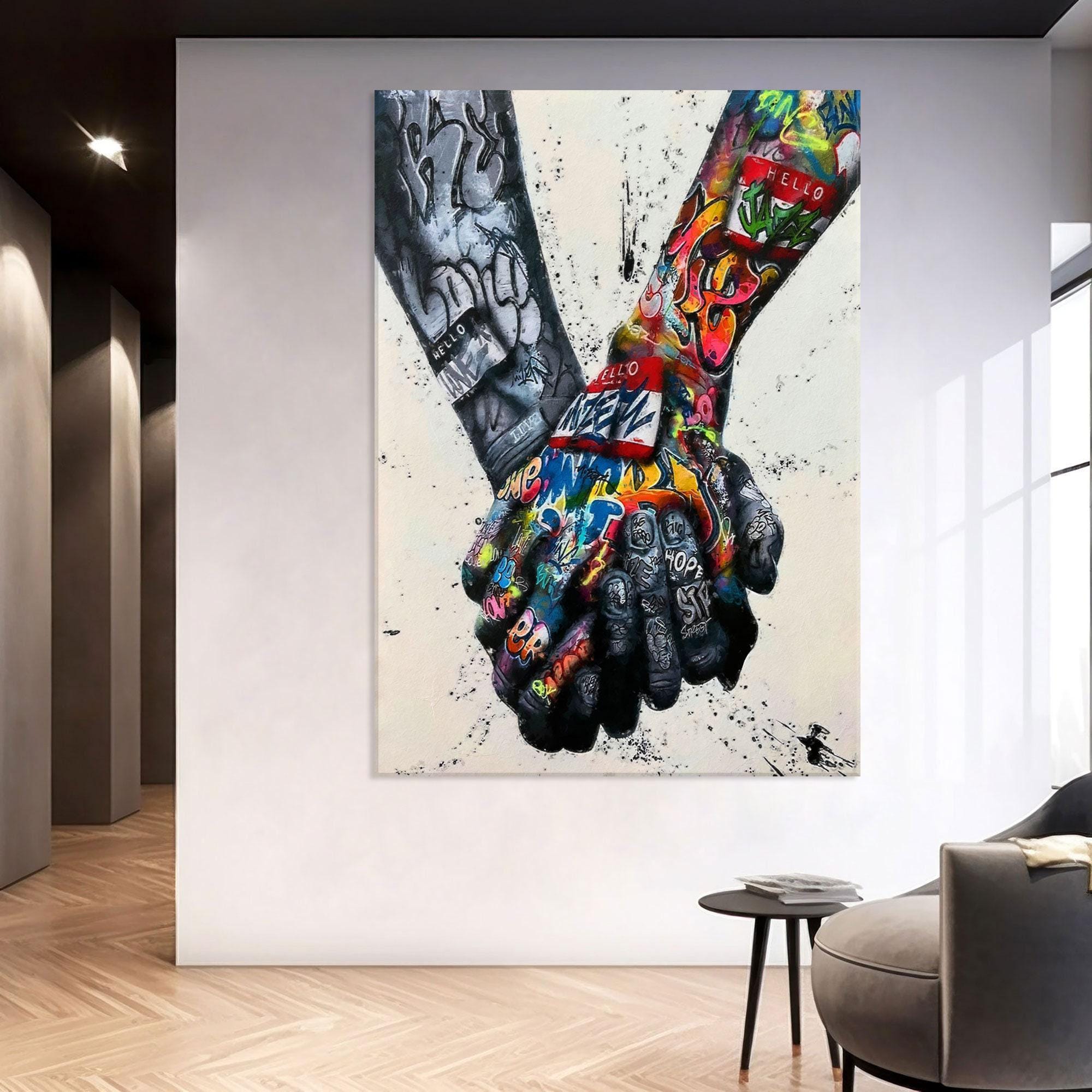 Graffiti Hand Banksy Art on Canvas Print Living Room Decor, Street Graffiti Wall Art Colorful Canvas Print Extra Large Wall Art