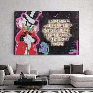 Alec Monopoly Graffiti Canvas Wall Art Scrooge McDuck “Invest Your Money” Quote Featuring for Office or Game Room