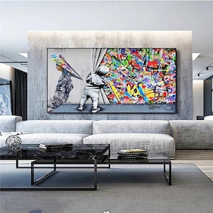 Colorful Banksy Style Graffiti Wall Art Canvas Print With Kid And Paper Plane | Modern Urban Street Art Decor For Living Room