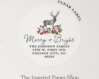 Clear Address Labels with Reindeer and Red Berries on Clear or White Background | 1.67 Inches Glossy, Clear | 48 Labels Included