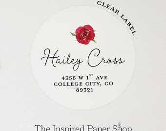 Clear Glossy Address Labels with Red Rose | Watercolor Rose | 1.67 Inches | 48 Labels Included
