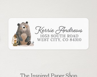 Camping Bear with Lantern Return Address Labels | Unique Gift | 1 x 2.6 Inch Glossy Labels | 60 Labels Included