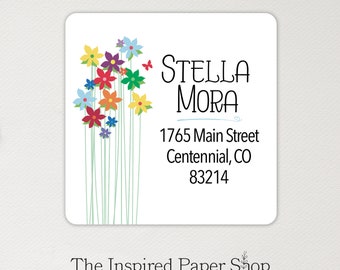 Bouquet Rainbow Flowers Labels | Address Labels | Return Address Labels | 2x2 Inch Glossy or Matte Finish | Set of 36 Labels