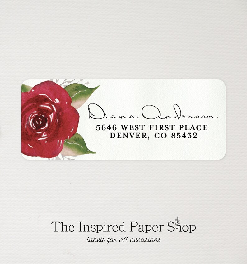 Red Valentine Rose Return Address Labels Unique Gift 1 x 2.5 Inch Glossy Labels 48 Labels Included image 1