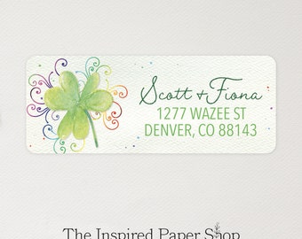 St. Patrick's Day Shamrock Address Labels with Rainbow Detail | 1 x 2.5 Inch Glossy or Matte Finish | 48 Labels Included