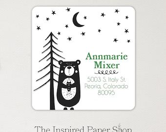 Camping Return Address Labels with Bear and Tree and Starry Sky | 2 x 2 Inch Glossy or Matte Finish | 36 Labels Included