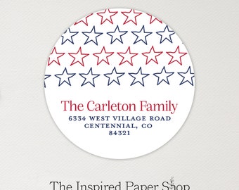 Red, White & Blue Stars Round Labels | Fourth of July | Return Address Labels | 1.67 Inch Glossy or Matte Finish | 48 Labels Included