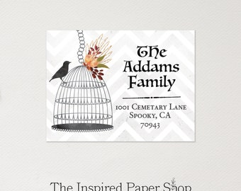 Halloween Birdcage Black Crow with Flowers Return Address Labels | 2 x 1.5 Inches | 36 Labels Included | Glossy or Matte Finish