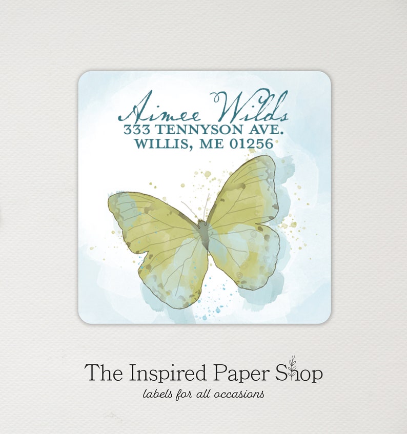 Green Blue Butterfly Address Labels Unique Gift for Nature Lovers 2 x 2 Inch Glossy or Matte Labels 36 Labels Included image 1