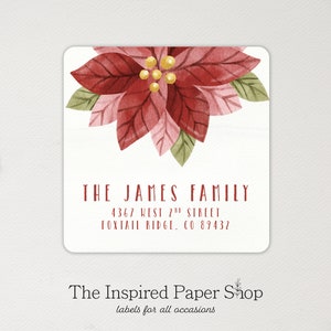 Red Christmas Poinsettia Return Address Labels with Red Text, Gift Labels 2 x 2 Inches 36 Labels Included Glossy or Matte Finish image 1