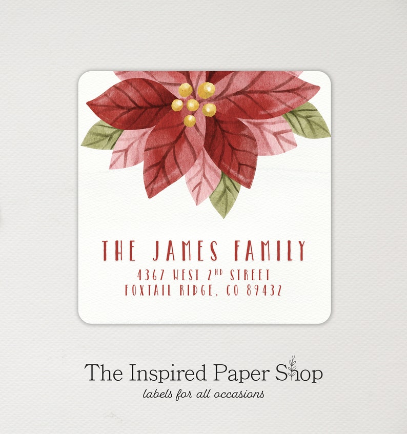 Red Christmas Poinsettia Return Address Labels with Red Text, Gift Labels 2 x 2 Inches 36 Labels Included Glossy or Matte Finish image 1