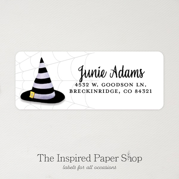 Witch Hat Return Address Labels | Halloween Favor Label | 1 x 2.5 Inch Glossy or Matte Finish | 48 Labels Included