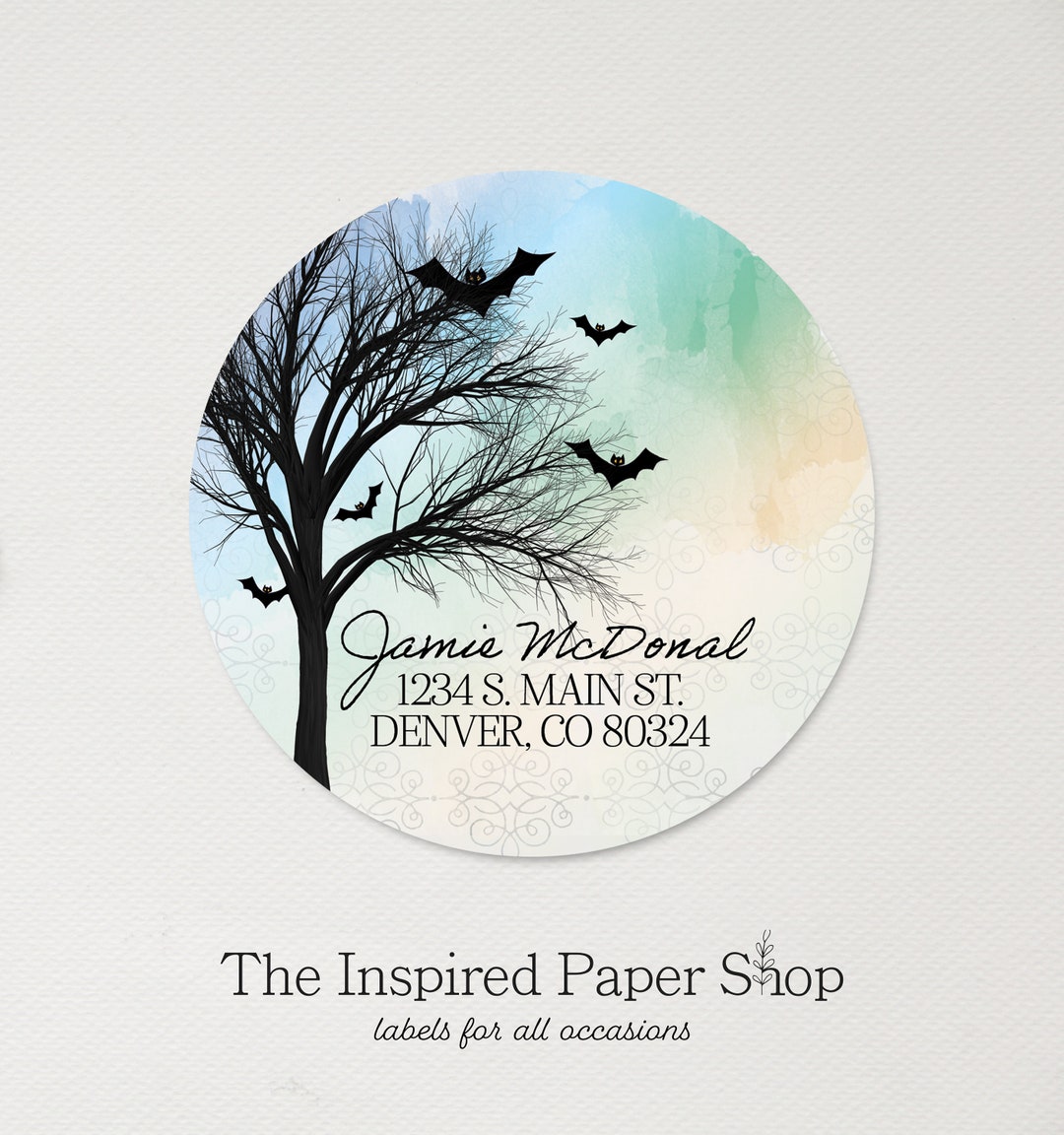 Spooky Tree and Bat Labels | Return Address Labels | 2-inch Glossy or ...