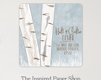 Birch Tree on Blue Wintry Background Return Address Label | 2 x 2 Inches | Glossy or Matte Finish | 36 Labels Included