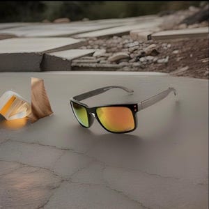 May include: Sunglasses with a black frame and reflective orange-tinted lenses. The temples are a solid grey color, and the front frame features small red accents near the hinges. The design is a standard rectangular shape with a smooth finish.