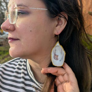 Real Oyster Shell Hoop Earrings: Gold or Silver Trim Jewelry. PNW local. Pearl. Pacific natural oyster cups.