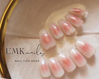 Sheer Pink Press-On Nails: Handmade Japanese Gel Nail Art with Golden Shimmer