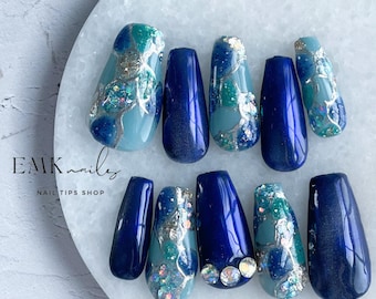 Ocean Galaxy Press On Nails: Blue Glitter Rhinestone Long Coffin