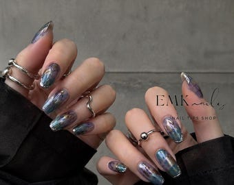 Moody Marble Press On Nails, Blue Purple Chrome Gel, Dark Aura Japanese Nail Set