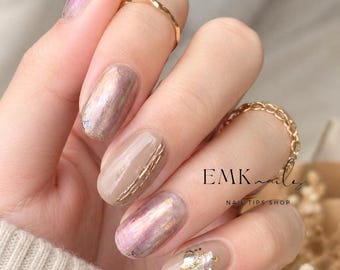 Neutral Gold Foil Press-On Nails, Beige Japanese Nuance Gel Nails, Wedding Party Nail Set