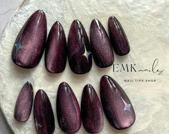 Handmade Catseye Press On Nails: Long Japanese Nuance Style