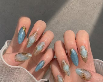 Blau Marmor Katzenauge Press-On Nägel, Goldfolie Gel Mandel Set