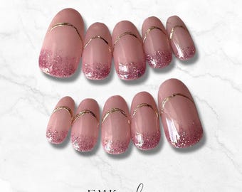 Pink Glitter French Tip Press-On Nails | Elegant Gold Line | Handmade Gel Nail Tips