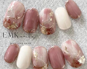 Mauve Marble Press On Nails: Gold Foil Almond Nail Set