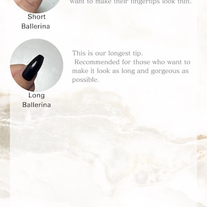 K&ouml;nnte beinhalten: Zwei Bilder von schwarzen Ballerina-Nagelspitzen, eine kurz und eine lang. Der Text "SHAPES(2)" befindet sich oben im Bild. Der Text "Short Ballerina" befindet sich unter dem ersten Bild. Der Text "Long Ballerina" befindet sich unter dem zweiten Bild. Der Text "This tip tapers toward the tip. Recommended for those who don't want to have too much length, but still want to make their fingertips look thin." befindet sich unter dem ersten Bild. Der Text "This is our longest tip. Recommended for those who want to make it look as long and gorgeous as possible." befindet sich unter dem zweiten Bild. Der Text "EMK naily NAIL TIPS CREATOR" befindet sich unten im Bild.