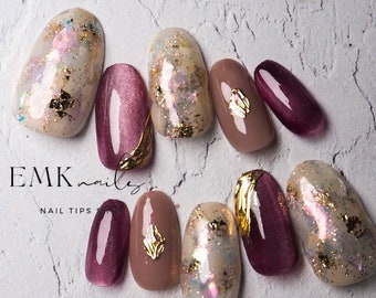 Mauve Nude & Aurora Press On Nails | Gold Foil Glitter | Medium Oval Fake Nails