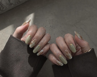 Earth Tone Marble Press-On Nails, Olive Green Brown Gold Foil Gel, Boho Wedding Manicure