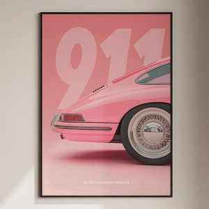 Pink Vintage Car Decor Print - Porsche 911, High Quality Magazine Car Poster, Old Classic Car Poster, Modern Fathers Day Car Decor