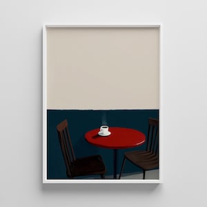 Puede incluir: Una impresión enmarcada de una escena de café. Una mesa redonda roja con una taza de café se encuentra entre dos sillas marrones. El fondo se divide en dos secciones: una parte superior beige y una parte inferior azul oscuro.