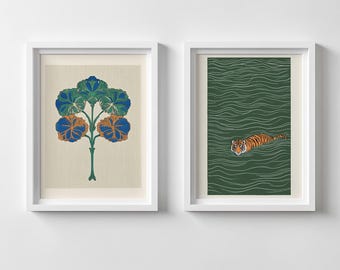Japandi Tiger Art Prints (Set of 2) - Minimalist Asian Decor (Digital Download)