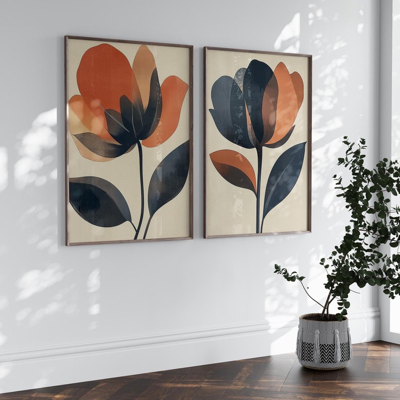 This abstract floral painting set features warm terracotta, bold orange, and deep blue tones, perfect for Japandi-style bedrooms or modern interiors. These digital prints blend organic floral forms with minimalist design, creating harmony and contrast. Ideal for those seeking abstract floral wall art, Japandi decor for bedrooms, or botanical digital posters in warm earth tones. A stylish printable set that brings calm, modern texture to curated living spaces or gallery walls.
