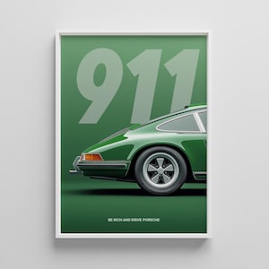 Green Porsche 911 Car Poster – Classic German Sports Car Wall Art – Vintage Porsche Print – Supercar Poster for Men – Father&#39;s Day Gift Idea