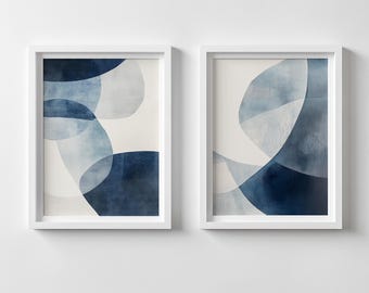 Minimalist Abstract Art Prints: Navy Blue Watercolor Set (Digital Download