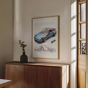 Vintage automotive wall art showcasing blue Porsche 911 model.