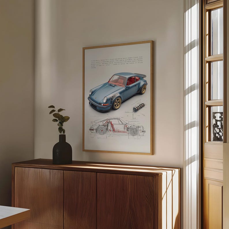 Vintage automotive wall art showcasing blue Porsche 911 model.